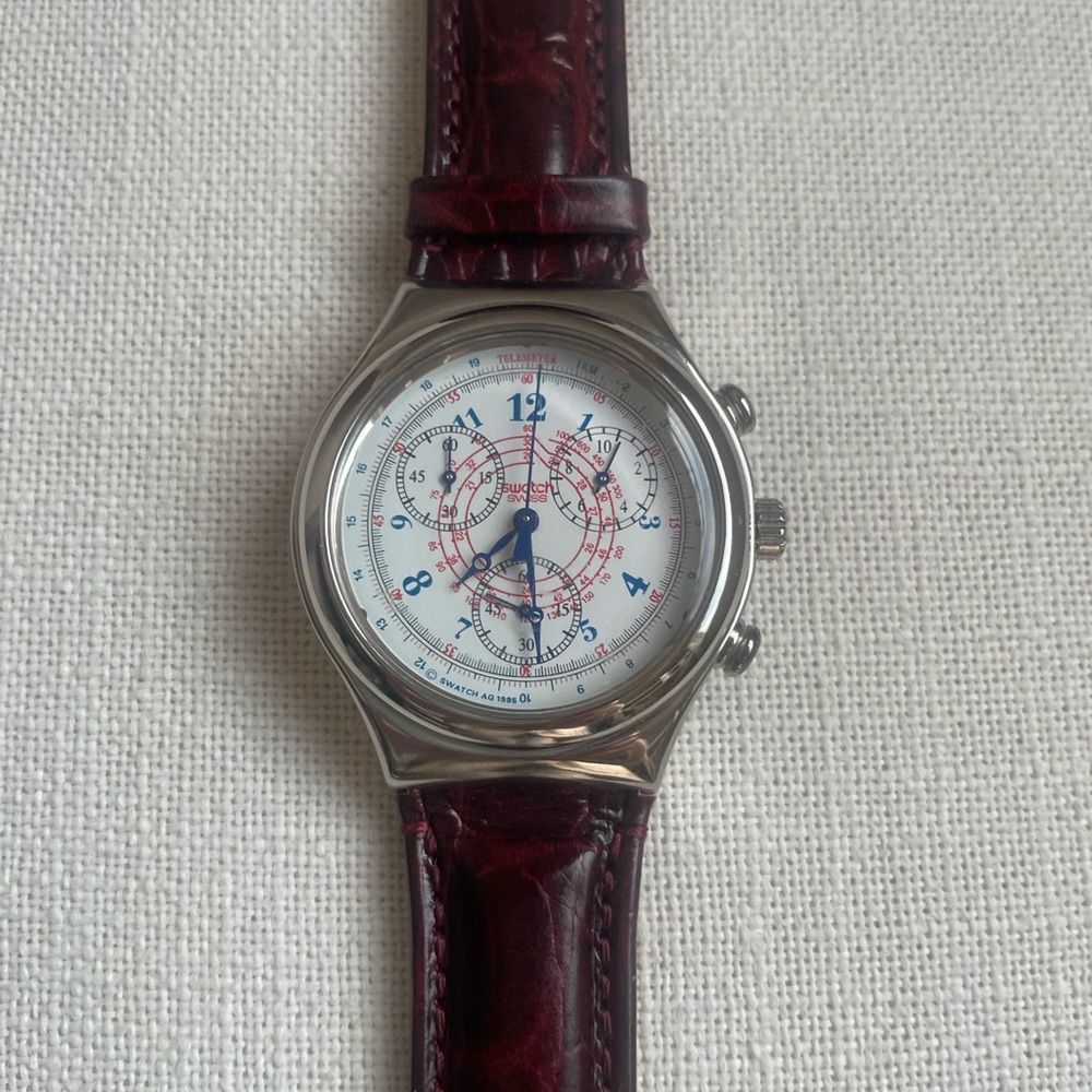 SWATCH iron Chronograph brown embossed leather band very rare 1992 New